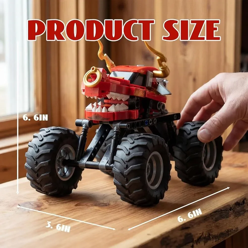 Red Dragon Monster Truck 2-in-1 Building Block Set Pull-Back STEM Toy Ages 8+